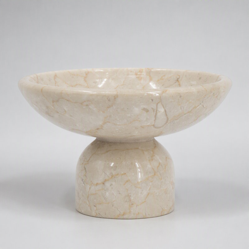 Coupe à fruits ronde sur piédestal en marbre crème, 18 x 18 x 10 cm, qualité supérieure pour une présentation élégante et une décoration polyvalente