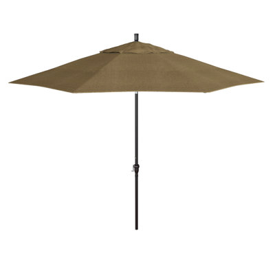 Parasol de patio 11 'en bronze avec inclinaison automatique et manivelle en lin sésame Sunbrella
