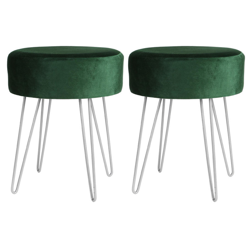 Harbour Housewares Round Velvet Footstools - Pack of 2, Silver, Green