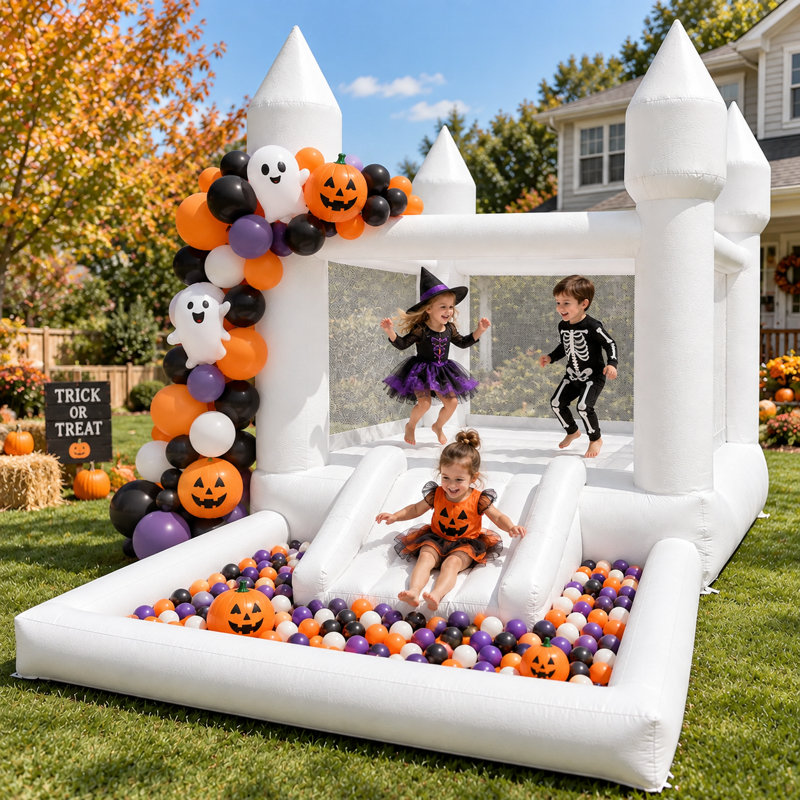 Château gonflable blanc de 13 pi avec toboggan et fosse à balles, château gonflable pour enfants avec ventilateur en tissu Oxford pour les fêtes d'anniversaire, la cour et les jeux d'intérieur