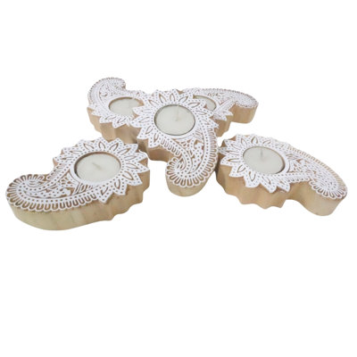  Handmade Block Print Heart Shaped Wooden Tea Light Candle Holder for Home décor, Festive Lighting, and Cozy Table Accents