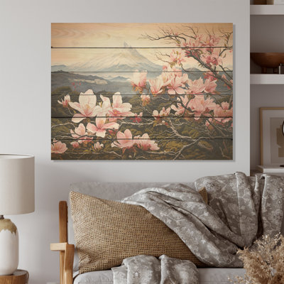 Magnolias Charm In Mountain Scenery - Magnolias Wood Wall Art On Natural Pine Wood