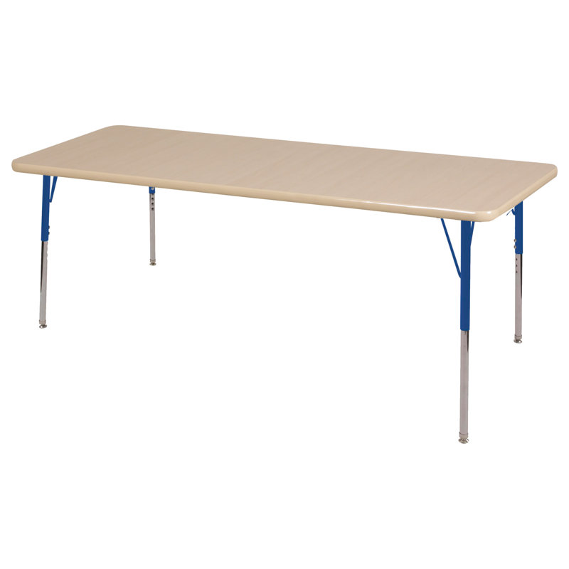 Table d'activité rectangulaire à hauteur réglable en forme de T, Érable / Bleu, Roulement pivotant standard, 24 po x 72 po