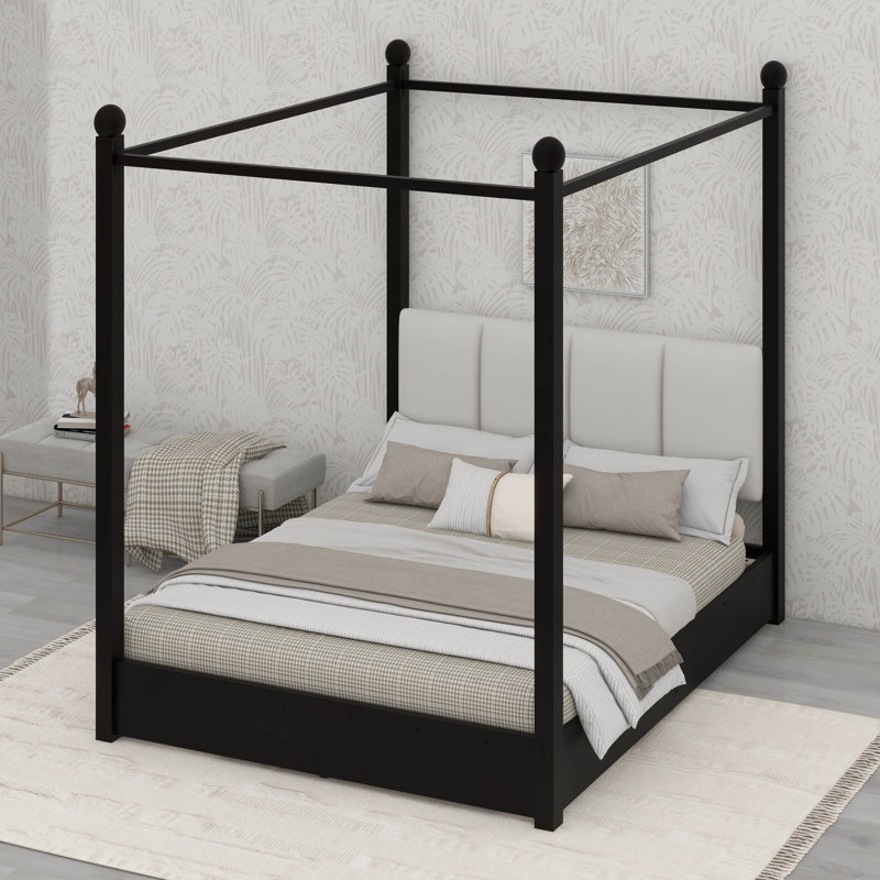 Lit plateforme à baldaquin avec tête de lit tapissier et structure en métal, Grand lit, Noir