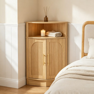 Armoire de rangement d'angle avec tablette ouverte, armoire de plancher moderne avec portes cannelées et tablette réglable pour salle de bain, salon, cuisine, garde-manger, l 15,75 po x P 15,75 po x H 32,87 po