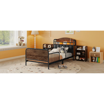 Structure de lit plateforme simple en métal avec lumière, lit simple en métal pour enfants avec tablettes de rangement rembourrées et coulissantes, noir (date d’arrivée prévue le 2025/10/5)