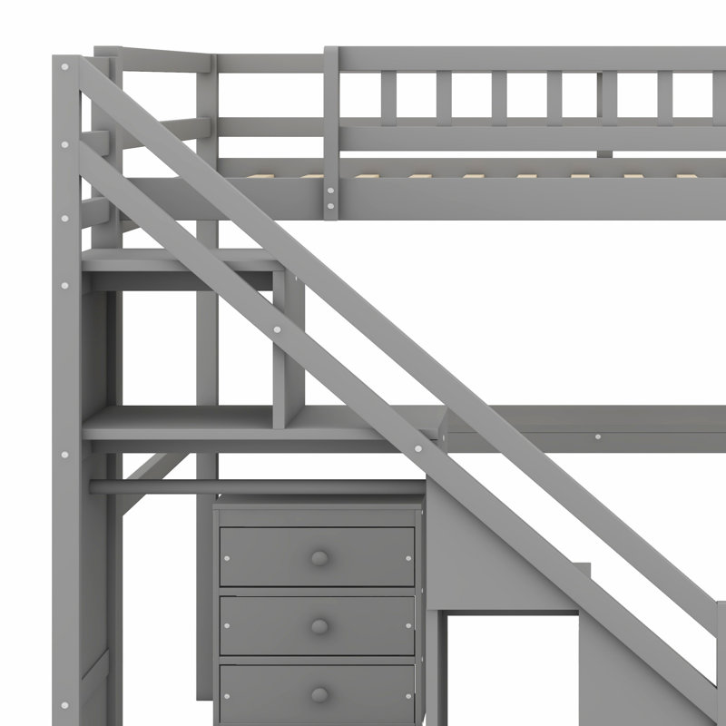 Lit mezzanine avec commode, bureau et bande lumineuse, Gris, Double