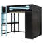 Lit mezzanine double en bois avec bureau, garde-robe ouverte et lumière RVB bleue