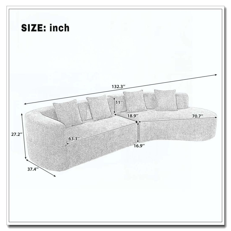 Canapé modulaire de 132 po au design incurvé, canapé modulaire en chenille 2 pièces avec 4 coussins, éponge moelleuse et coussin à ressorts
