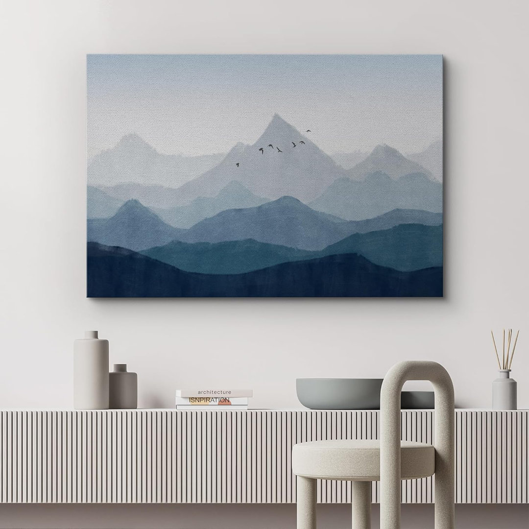 Abstract Landscape Navy Blue Misty Mountain Range Minimal Nature Landscape Pictures Large Framed Canvas Print Wall Art IDEA4WALL 