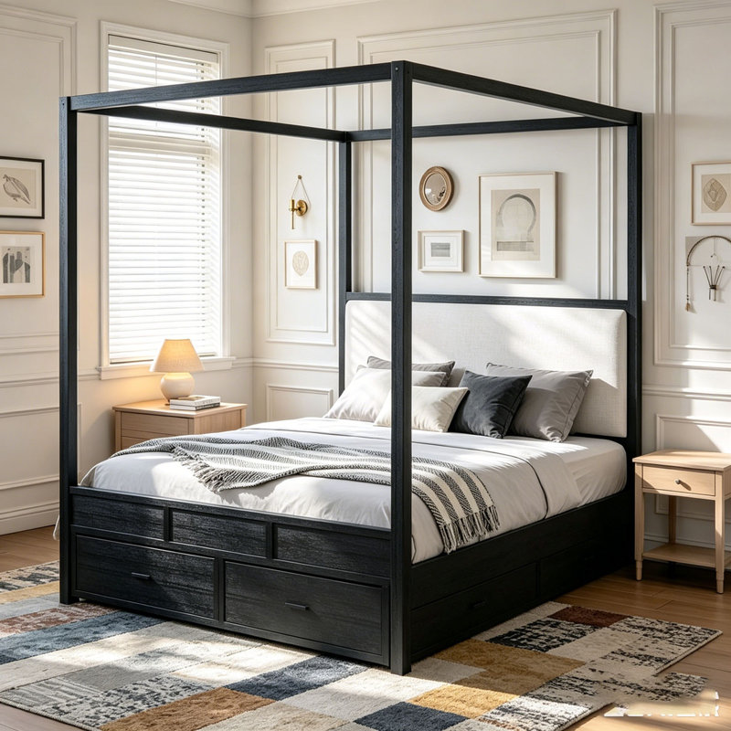 Lit plateforme à baldaquin en bois avec tête de lit tapissier, aucun sommier nécessaire, Queen, Noir