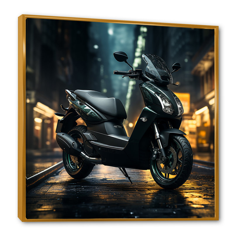 «Night Streets And Scooters II», reproduction sur toile, Cadre flottant doré, H 16 po x l 16 po x P 1 po