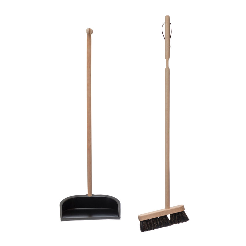 Beech Wood Broom and Standing Metal Dust Pan Set, Natural and Black