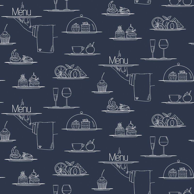 Just Kitchens Chalkboard Menu Design 33' L x 21" W Wallpaper Roll, Navy/White
