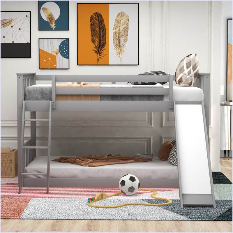 Lit superposé avec glissière convertible et échelle, Lit superposé simple sur simple, Gris