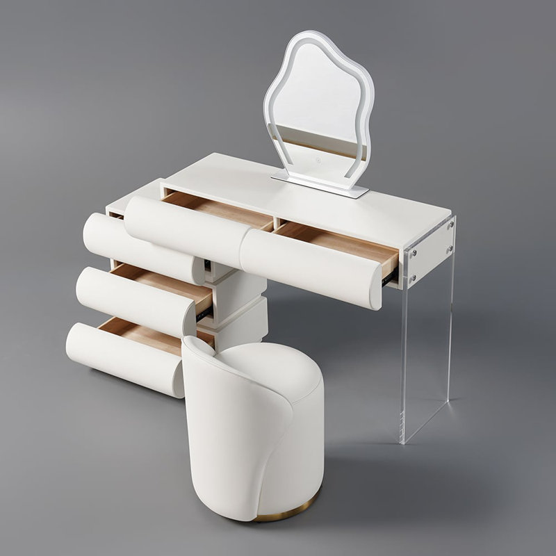 Modern White PU Leather Vanity Set with LED Mirror and Stool