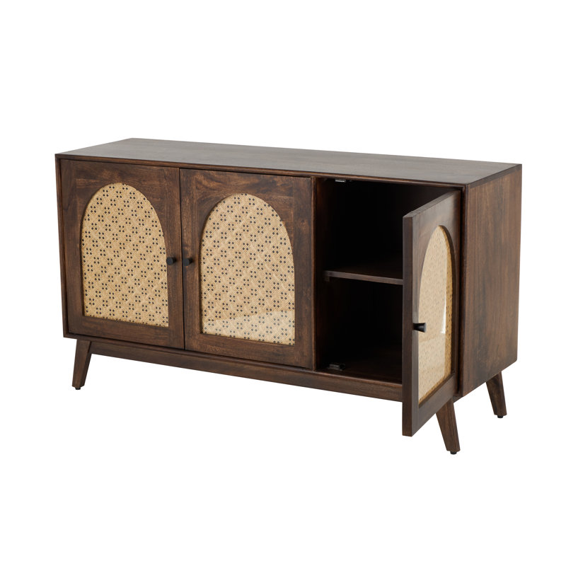 Mango Wood Handmade Rattan 2 Shelf And 3 Door Room Brown Cabinet With Rattan Front
