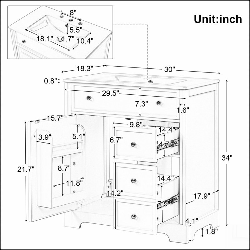 Meuble-lavabo pour salle de bain avec comptoir, meuble-lavabo avec porte et deux tiroirs, planches en panneau de fibres à densité moyenne