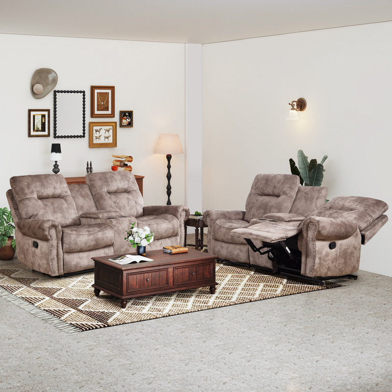 76.77'' Wide Classic Microfiber Upholstered Manual Reclining Loveseat With Center Console And Nailhead Trim (Set Of 2)