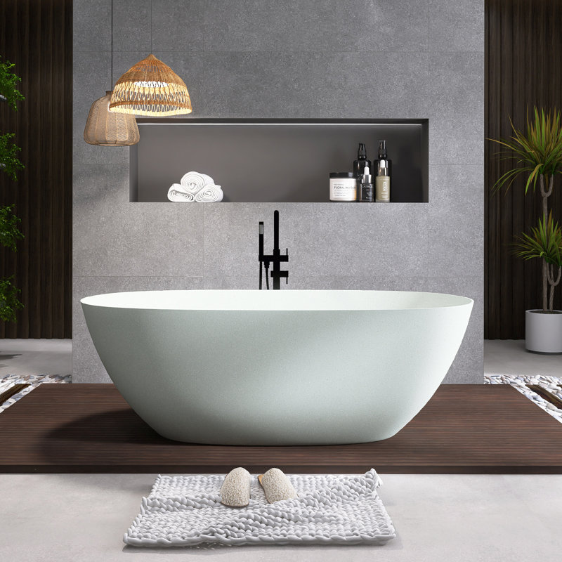 61'' Modern Freestanding Bathtub Resin Stone Soaking Bathtub Solid Surface Tubs With Overflow And Pop-Up Drain,Turquoise Green