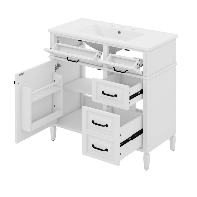 Meuble-lavabo de 36 pouces avec comptoir en céramique, tiroir rabattable et tablette réglable, Noir, Blanc
