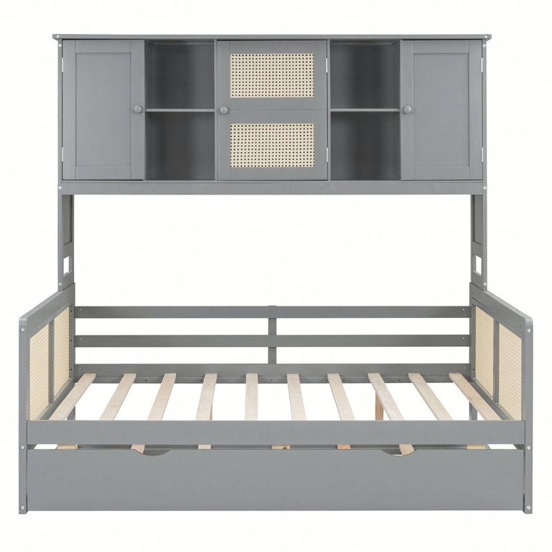 Wooden Daybed With Twin Size Trundle, and All-in-One Cabinet and Shelf, Gray, Full / Double