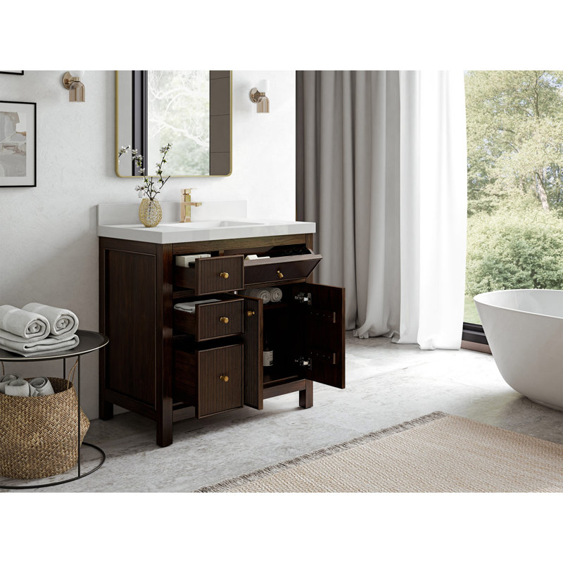 Teck de 36 po Sonoma X P 22 po Meuble-lavabo central en noyer foncé avec quartz Cove Edge, Empira