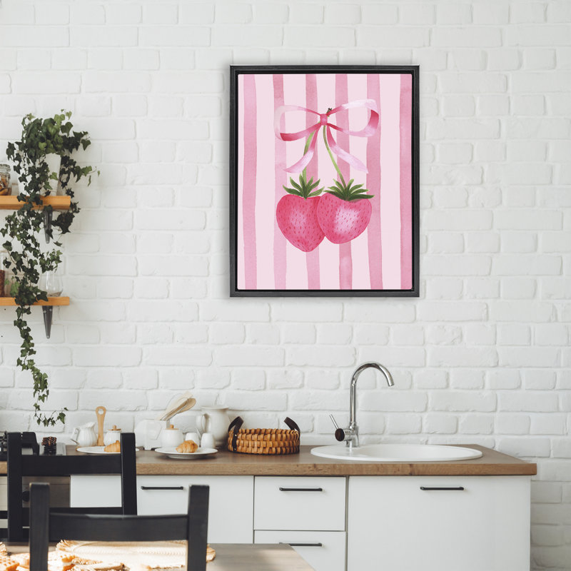 Cadre flottant Coquette Fraises sur rayures, design par Nina Jacobs, Cadre flottant noir de jais, H 21 po x l 17 po