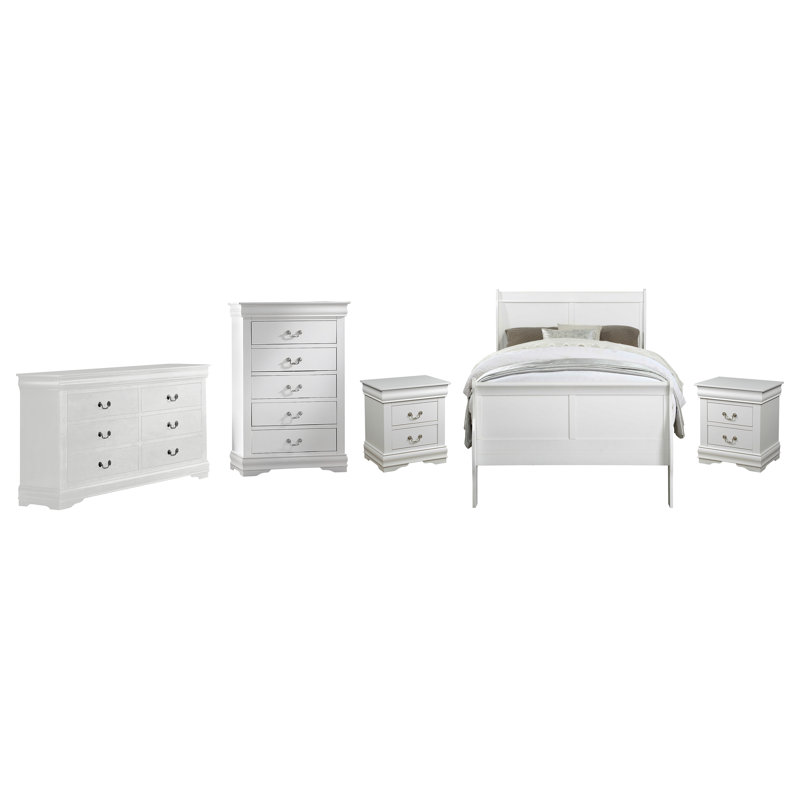 Ensemble de chambre à coucher Engstrom, Blanc, Double, 5 pièces : lit, commode, miroir, table de chevet
