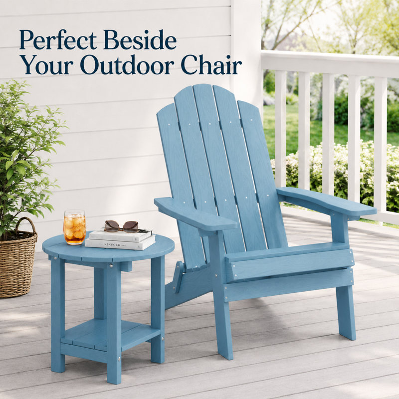 18" W x 18'' D HIPS Round Outdoor Side Table for Adirondack Chairs, 2-Tier Storage Easy Maintenance & Weather-Resistant Patio End Table with 330Lbs Load Bearing for Backyard, Pool, Patio, Porch, Garden, Lawn, Relaxing Companion, Blue
