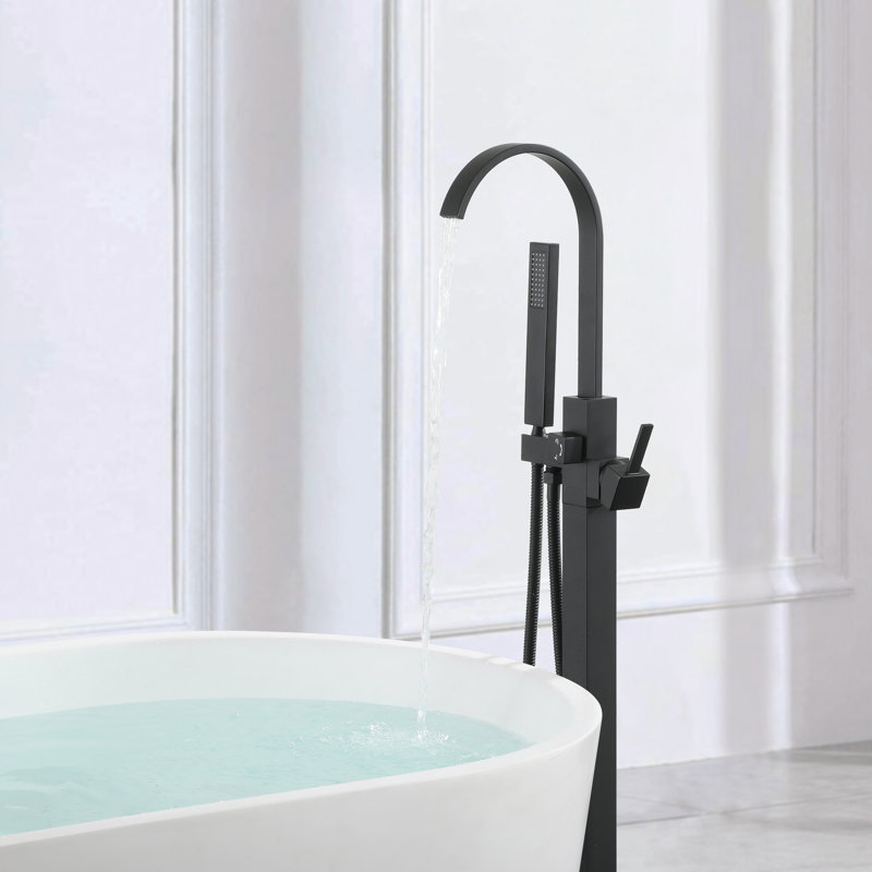 Single Handle Floor Mounted Freestanding Tub Filler with Diverter and Handheld Shower, Black