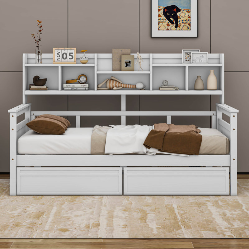 Bookcase Wood Daybed with Bedside Shelf and Two Drawers, White, Twin