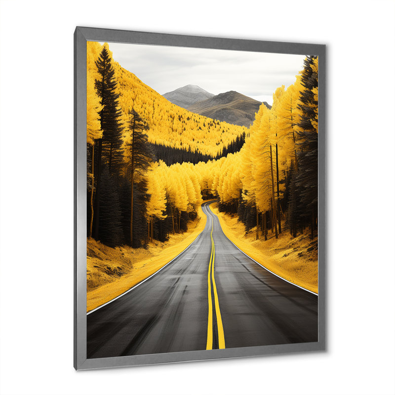 Babbu Road Through Yellow Forest IV - Print on Canvas, Cadre photo argenté, H 40 po x l 30 po