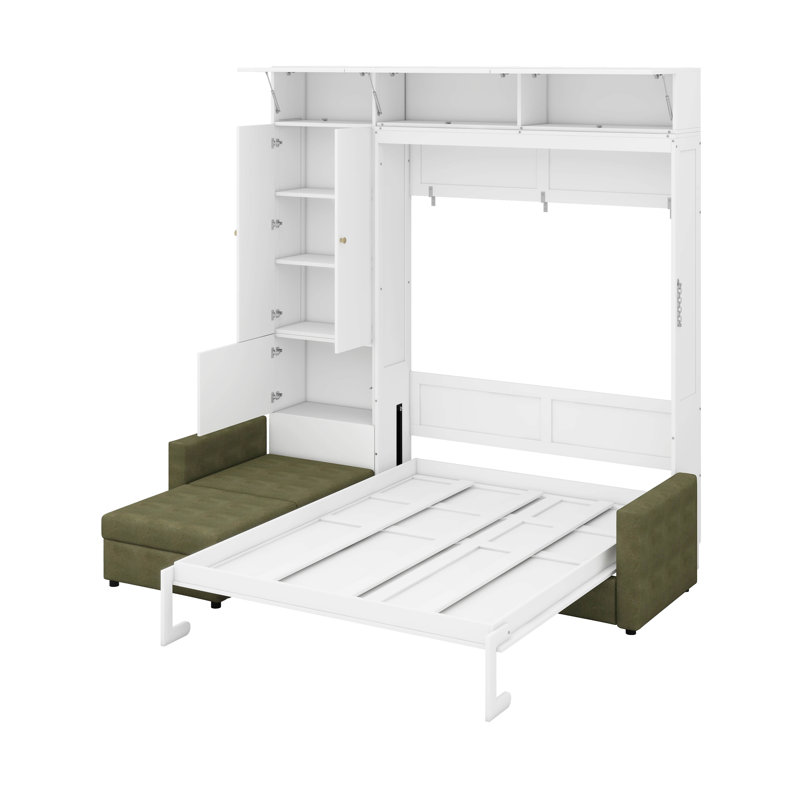 Grand lit escamotable avec canapé et tablettes, Blanc/vert