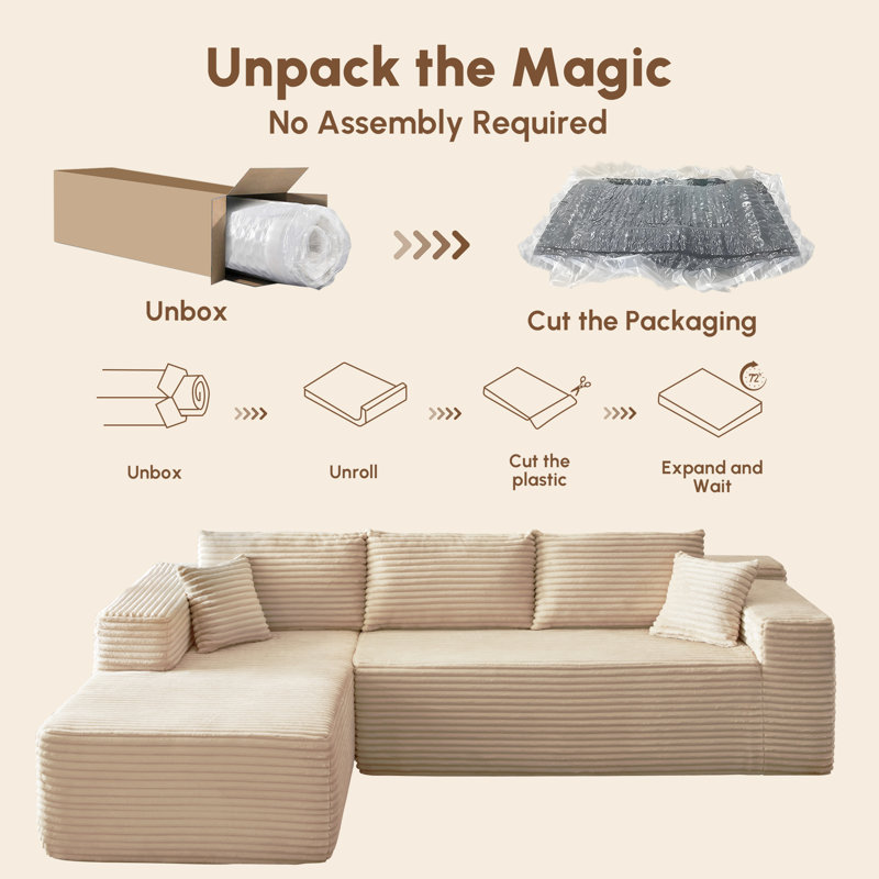 3-Piece No-Assembly Living Room Set, Modern Sectional Sofa With Loveseat And Chaise Lounge, Left Hand Facing, Beige Corduroy