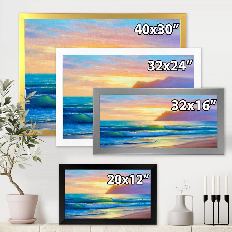 «Morning Sunlight On The Sea Waves IV», peinture sur toile, H 16 po x l 32 po x p 1 po, Cadre noir