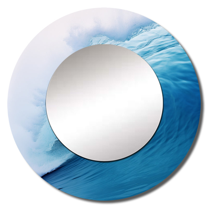 Rikiah Blue Wave Blue Wonder - décor de miroir mural unique côtier, grand miroir rond bleu, impression d'art en métal