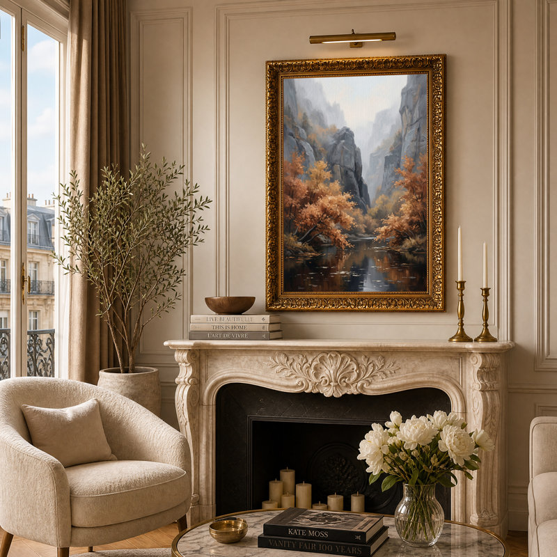 Arbres d'automne se reflétant dans une rivière de canyon brumeux - Tableau sur toile, H 24 po x l 16 po
