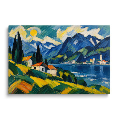 Multicolor Canvas Landscape Painting, Painterly Mountain Lake and Village Wall Art for Living Room Dining Room and Bedroom