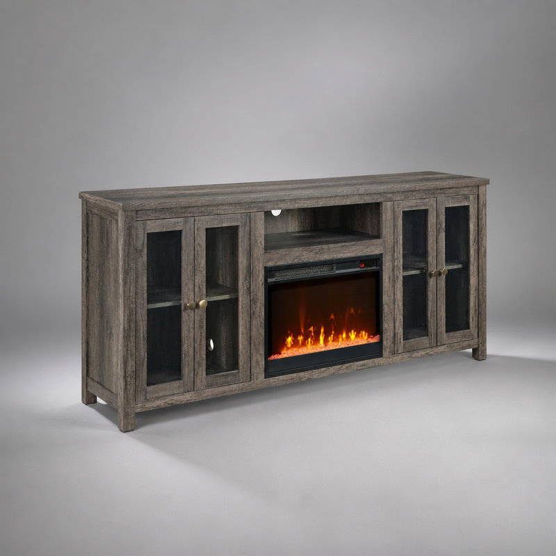 Meuble télé moderne avec foyer électrique, étagères réglables et éclairage DEL d'ambiance pour un salon confortable et divertissant.