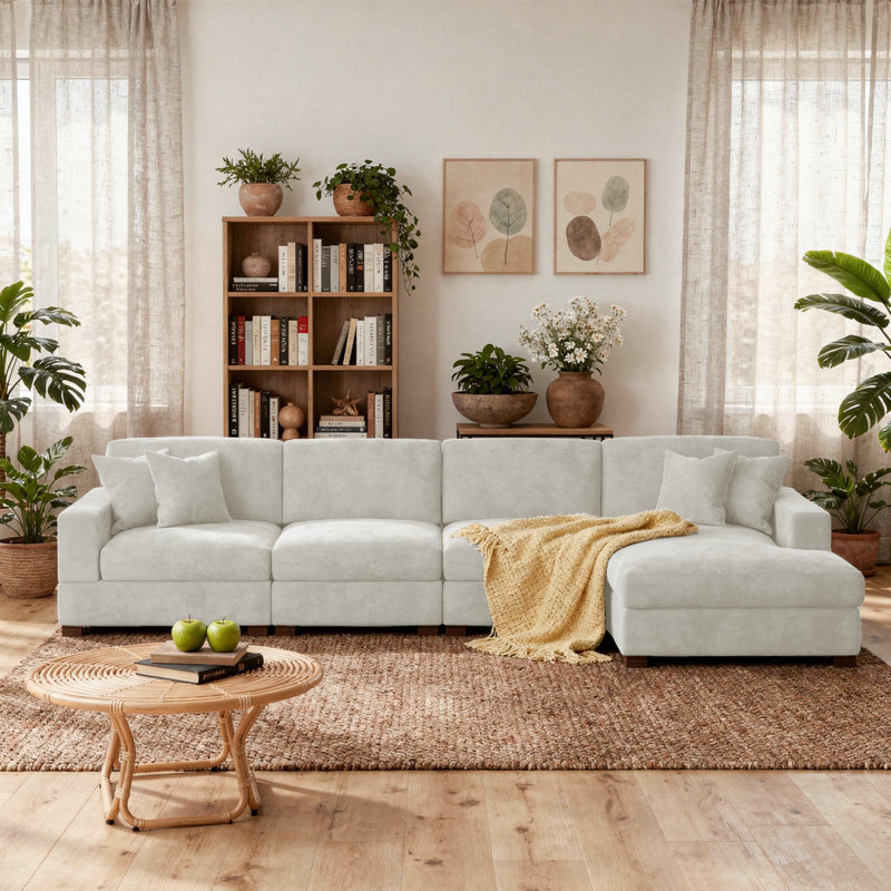 4 - Piece Upholstered Offehite Chenille Modular Sectional Sofa with Armrests & Throw Pillows, Right Hand Facing