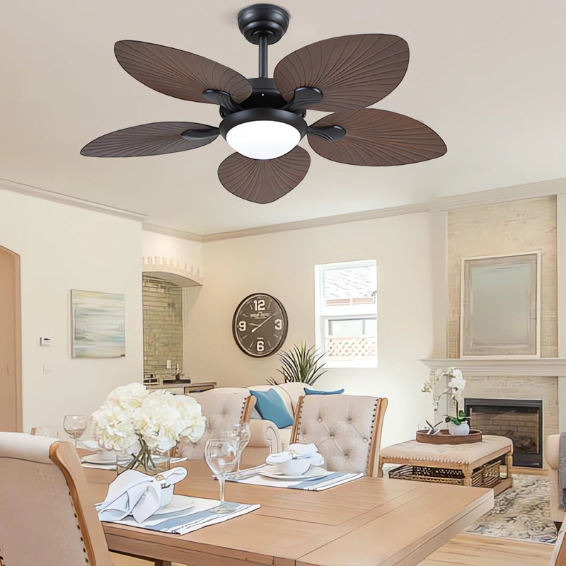 Ventilateur de plafond 44 "/ 52" à feuilles tropicales à intensité variable avec lumières DEL et télécommande, Brun