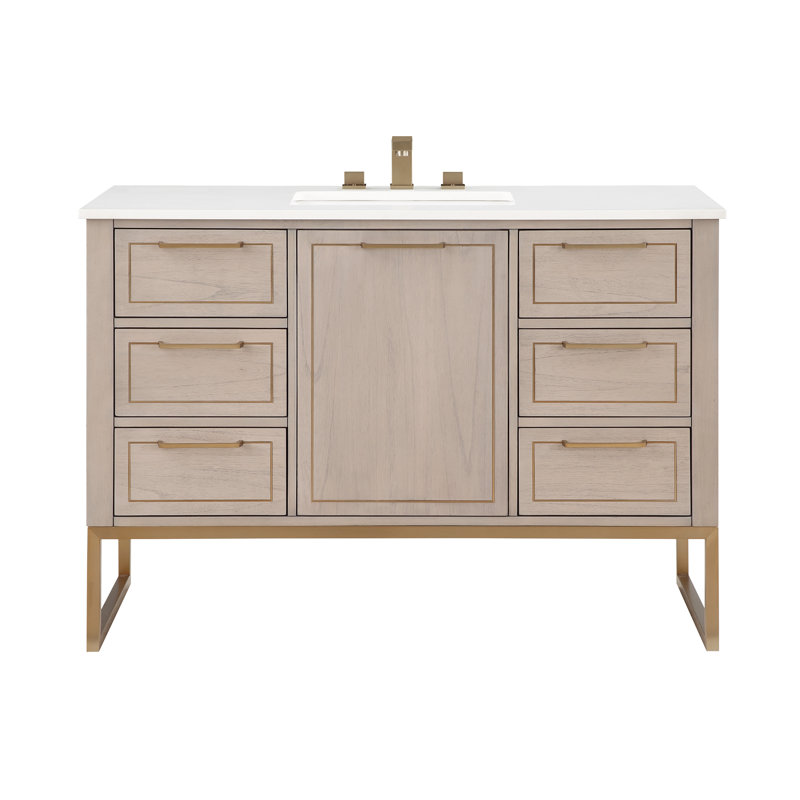 Ensemble de meuble-lavabo simple 48 po Markham, Gris cachemire, Quartz blanc, Laiton satiné