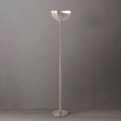 Modern Torchiere Lamp - Half-Dome Satin Nickel/White Steel Shade, Satin Nickel Steel Body & Base, 72" Tall, Floor Foot Dimmer, Dimmable