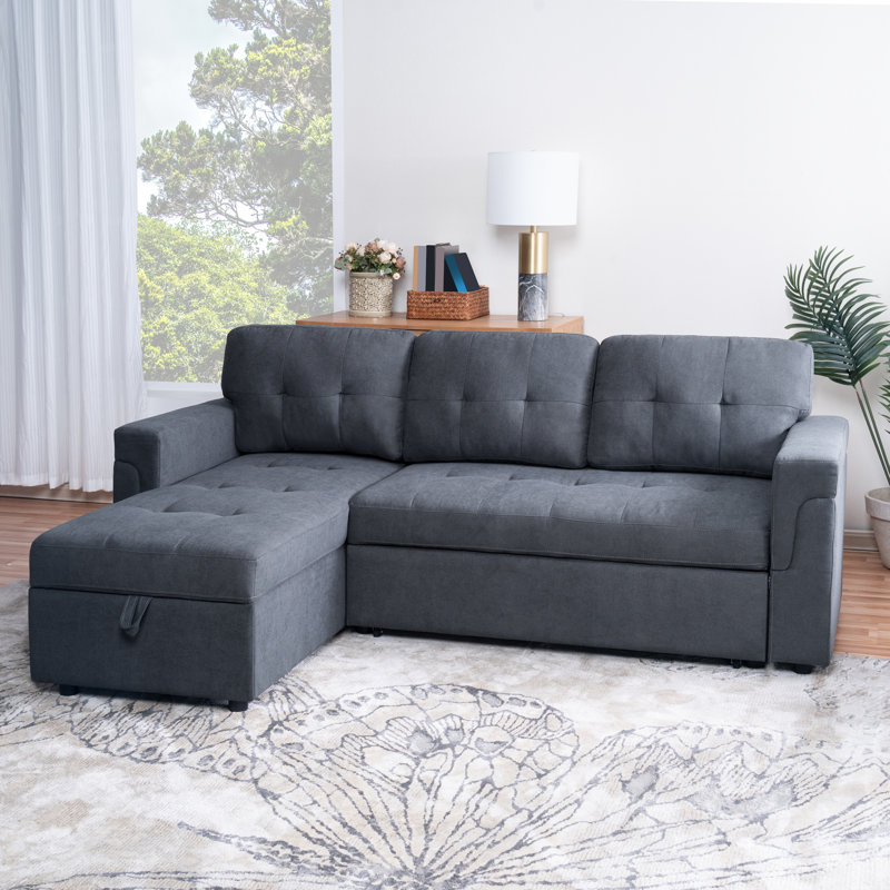 Gadalia Modern L-Shaped Sectional Sleeper Sofa with Storage Chaise, Pull-Out Bed Design – Reversible Velvet Couch for Small Spaces