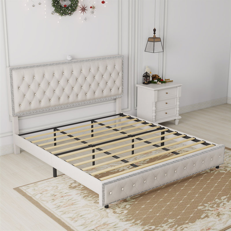 Lit rembourré avec bouton en losange, cadre de lit moderne avec projecteur Galaxy, pas de sommier tapissier et lattes de bois robustes sans bruit, polyuréthane