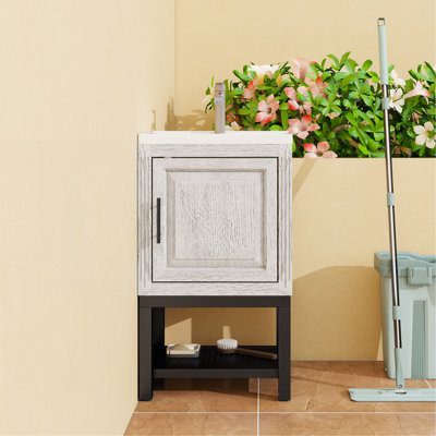 Petit meuble-lavabo de 20 po avec lavabo et robinet d'eau chaude et froide, armoire de salle de bain autoportante avec lavabo en céramique blanche, rangement pour salle de bain avec 1 porte et tablette ouverte en fer