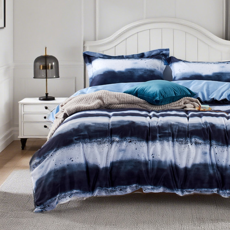 Manolla 100% Long-Staple Cotton Duvet Cover Set Navy & White Striped Watercolor Pattern Printed Comforter Cover 3pcs, Ultra Soft & Breathable Bedding Set