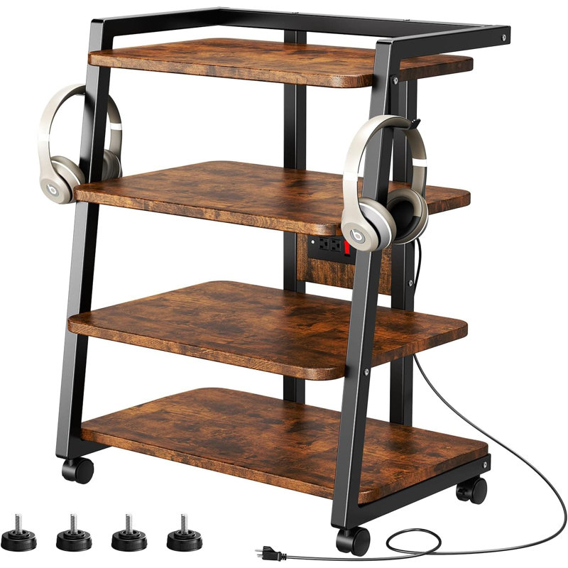Mobile Media Stand With Built-In Power Outlets & USB Ports, 4-Tier Rolling TV Console With Locking Casters For Gaming, Stereo, And Electronics, Sturdy Metal Frame