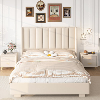 Queen Size Lift Up Storage Bed Frame with 51" Tall Wingback Headboard, Velvet Upholstered Platform Bed with Hydraulic Lift, No Box Spring Needed, Wood Slats Support, Beige